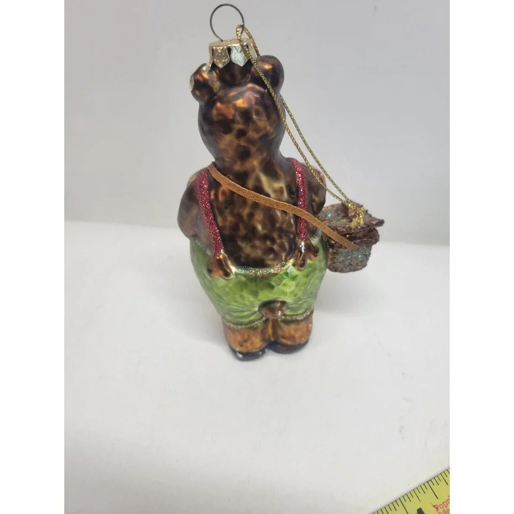 Glass Bear Fisherman Ornament with Fish and‎ Basket Holiday Decor